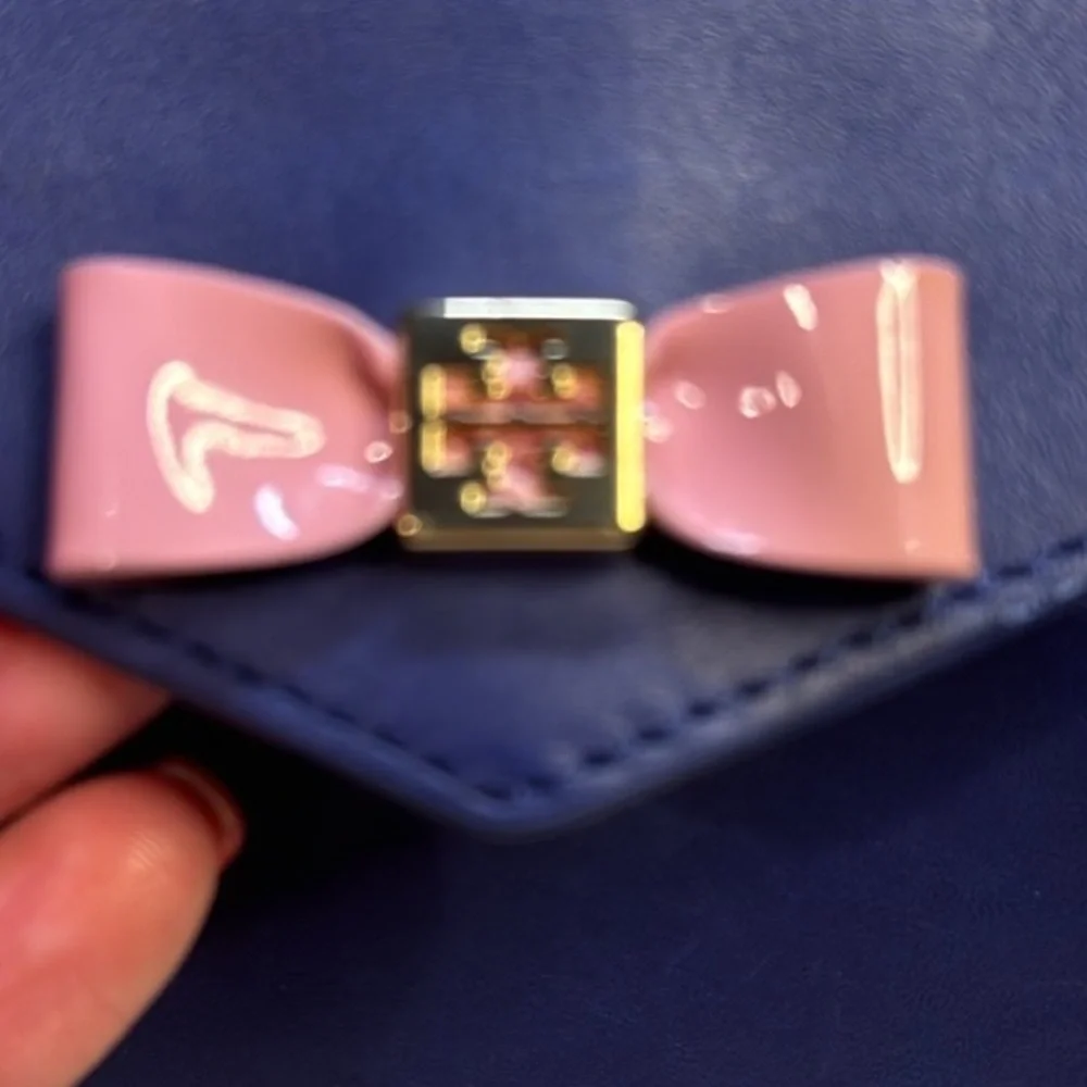 Tory Burch Blue Leather Mini Crossbody with Pink Bow and Gold Chain